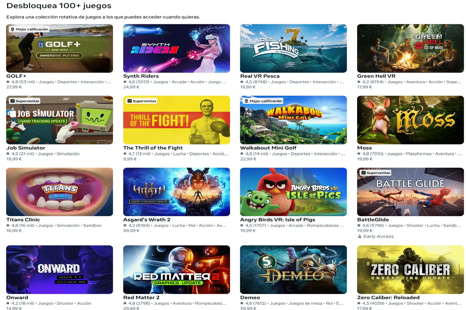 Catálogo de Meta Horizon+ con más de 80 juegos, incluidos Golf+, Synth Riders, Real VR Fishing, Green Hell VR, Walkabout Mini Golf y Demeo.
