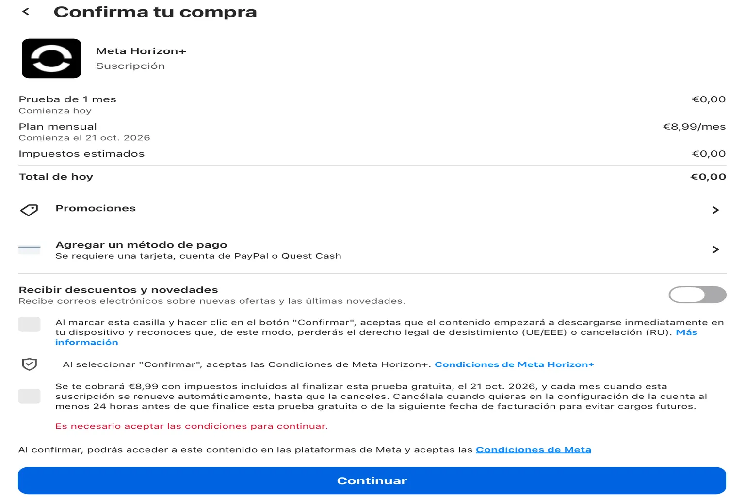 Pantalla de confirmación de Meta Horizon+ con la prueba gratuita de un mes, el plan mensual y el botón Continuar.