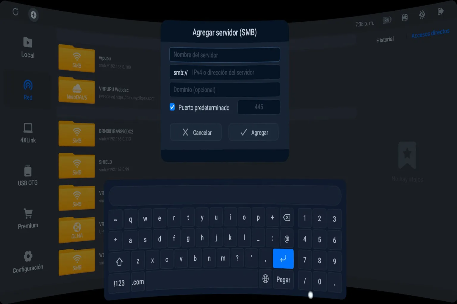 Ventana de 4XVR en Meta Quest para añadir un servidor SMB introduciendo su dirección IP y el puerto de conexión.