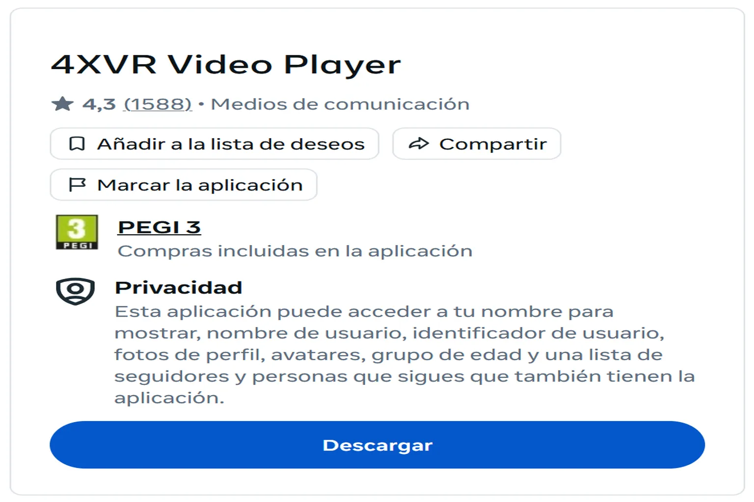 Página de 4XVR Video Player en Meta Quest con el botón de descarga gratuita