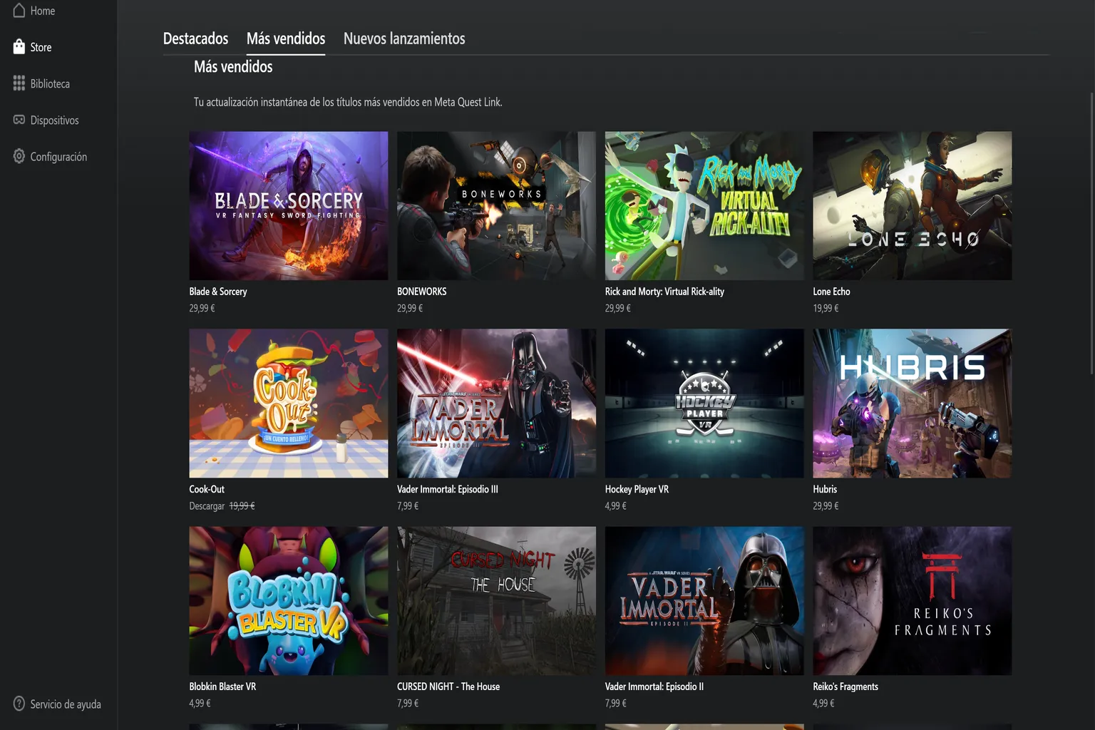 Lista de juegos más vendidos en Meta Quest Link con títulos de PC VR y sus precios.