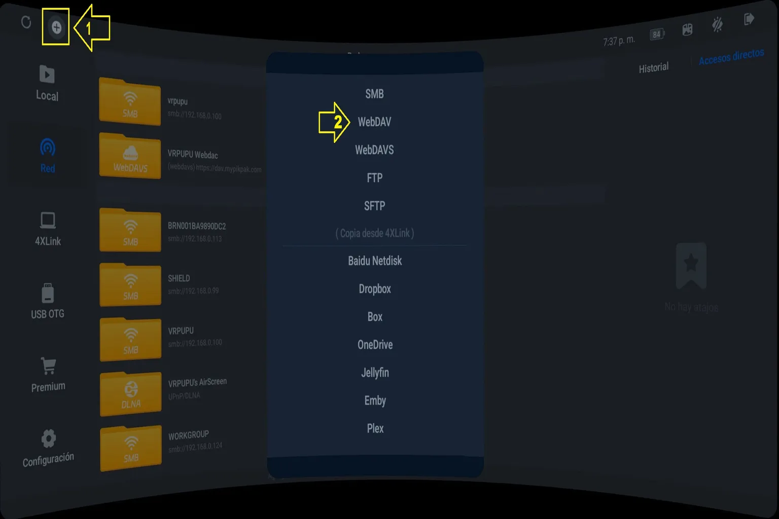 Menú de red de 4XVR en Meta Quest mostrando la opción WebDAV para añadir un nuevo servidor.