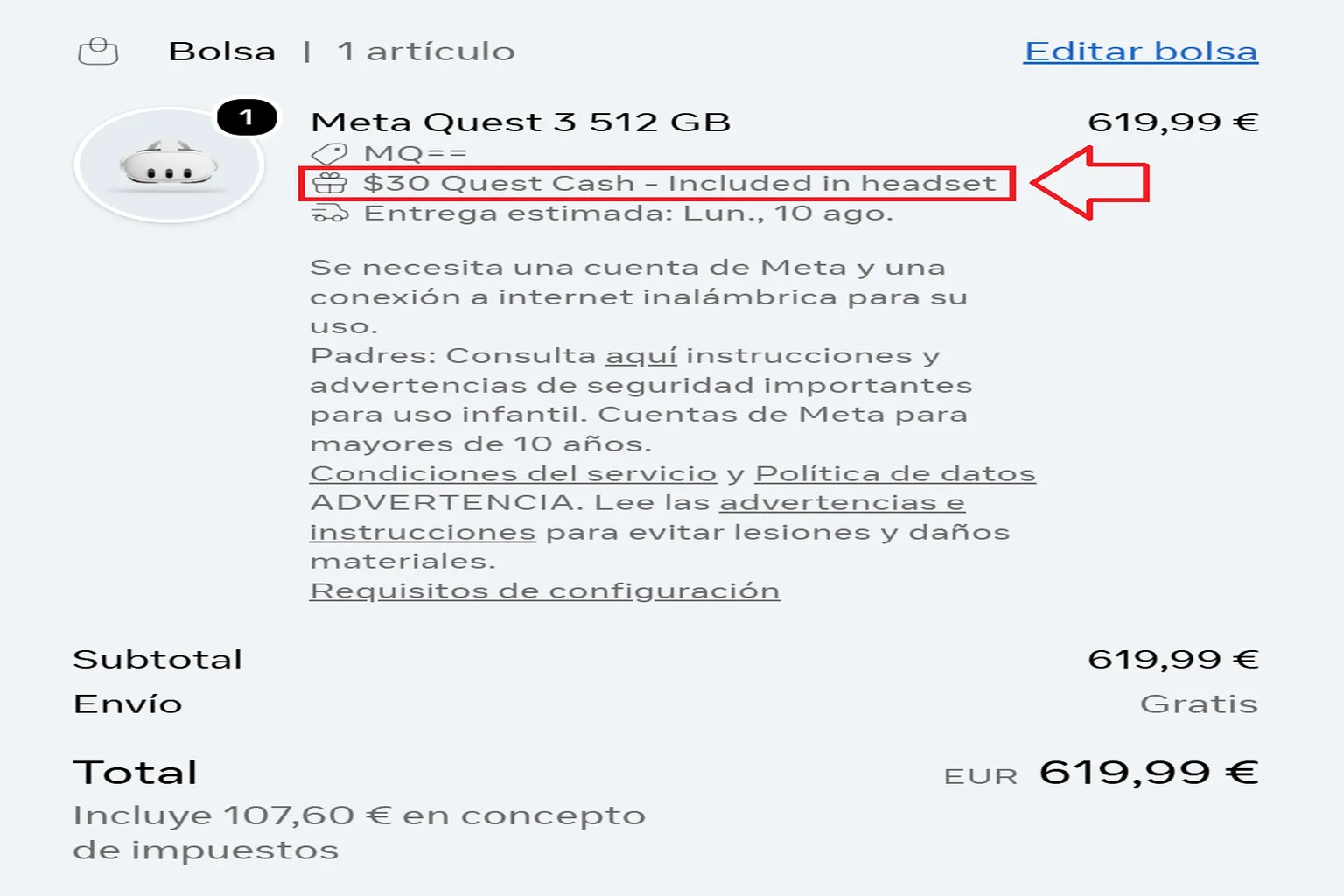 Resumen de compra de Meta Quest 3 con el código VRPUPU aplicado y la recompensa de Quest Cash incluida.