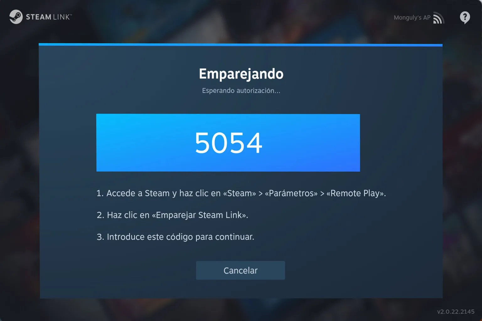 Pantalla de emparejamiento mostrando un código de cuatro dígitos para autorizar la conexión con el ordenador.