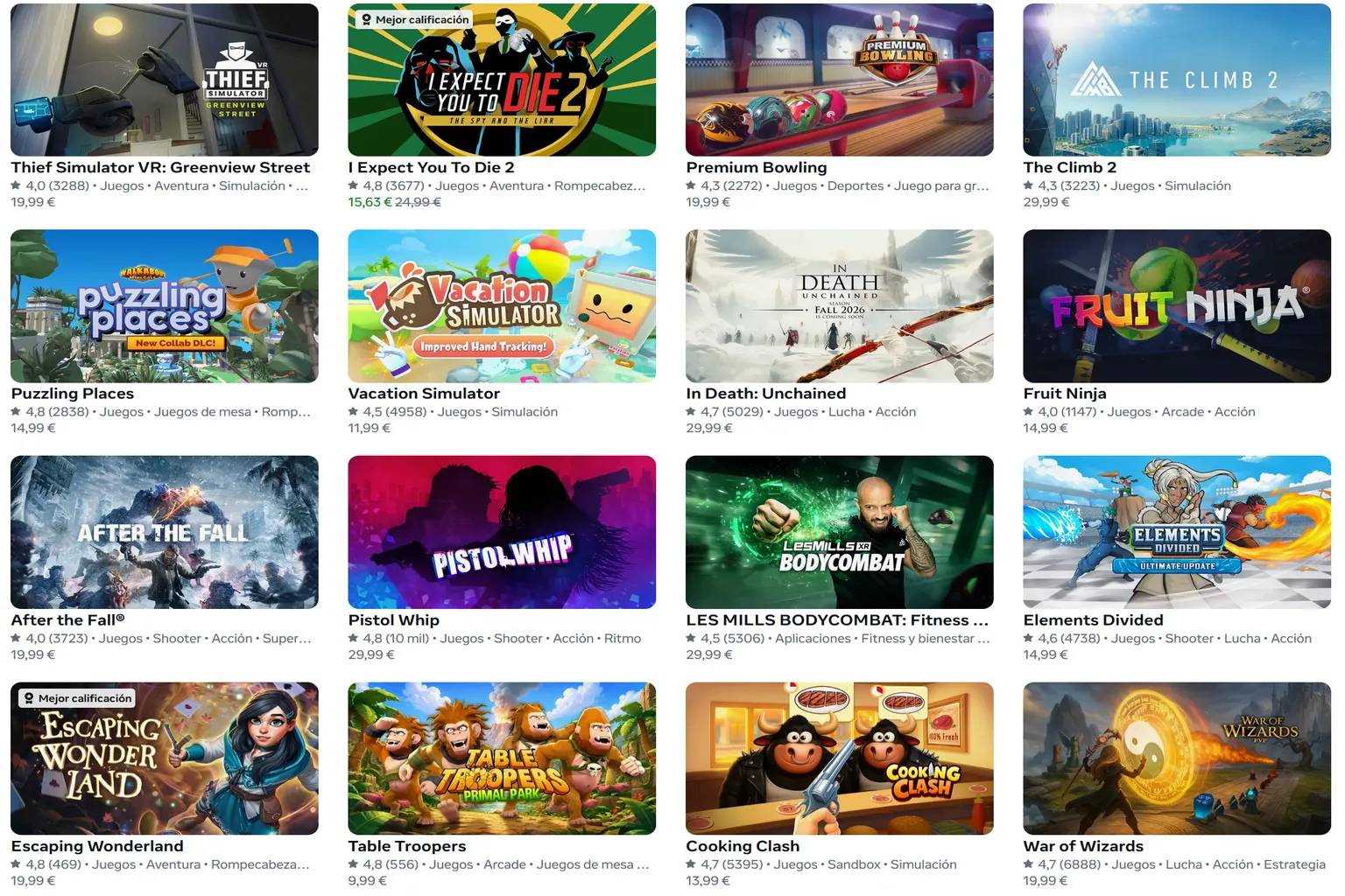 Catálogo de juegos de Meta Horizon+ con títulos como Premium Bowling, The Climb 2, Pistol Whip, After the Fall y The Wizards.