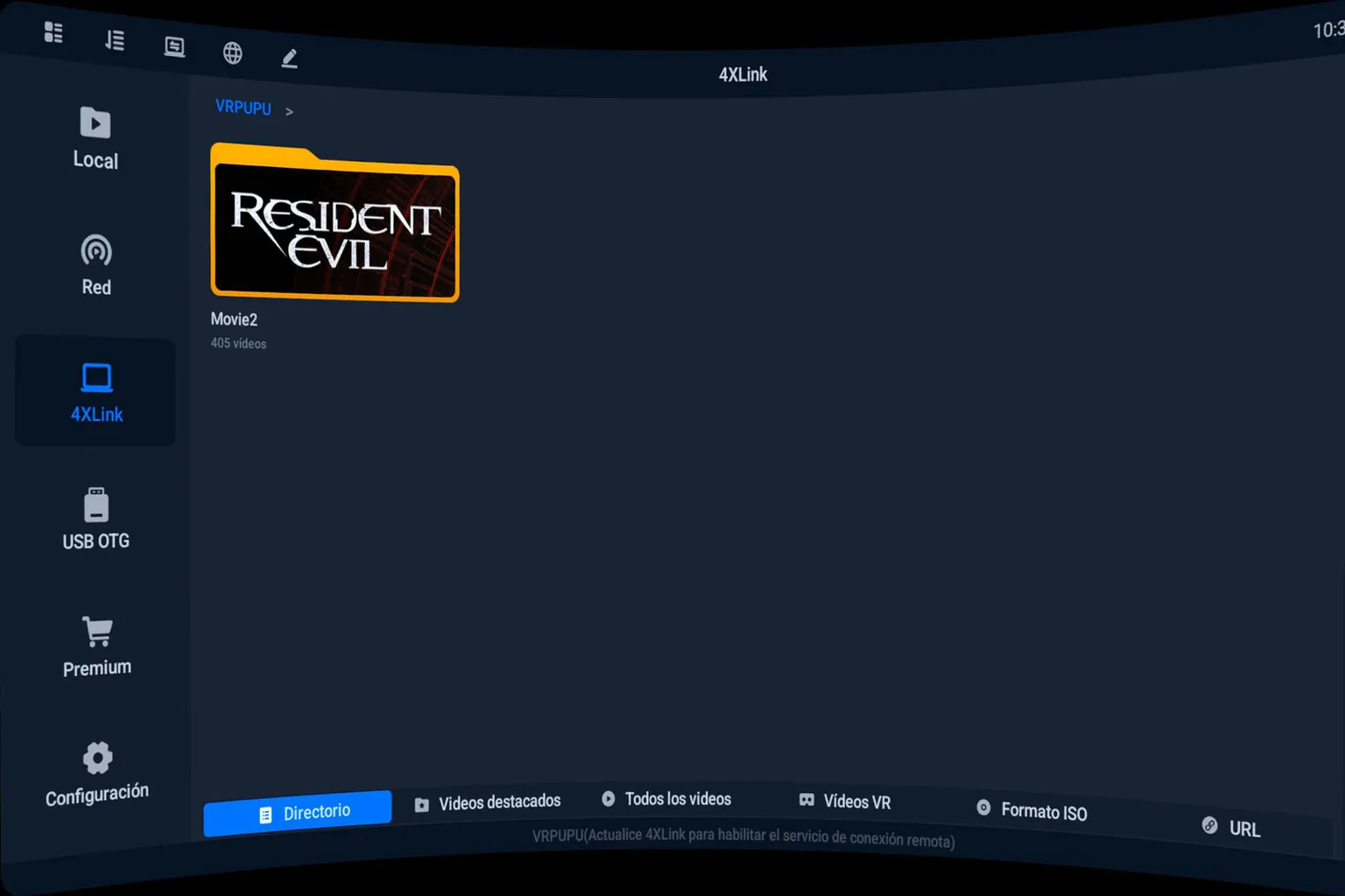 Biblioteca de 4XLink en Meta Quest mostrando una carpeta con 405 vídeos disponibles para reproducir desde el PC.