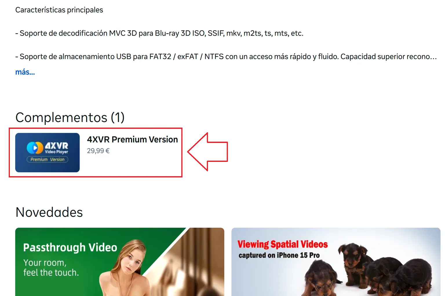 Sección de complementos de 4XVR Video Player con 4XVR Premium Version por 29,99 €