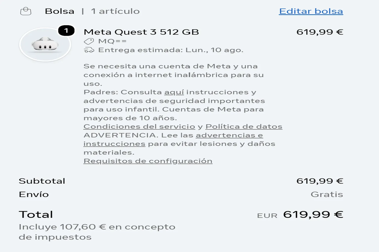 Resumen de compra de Meta Quest 3 sin mostrar la recompensa de Quest Cash.