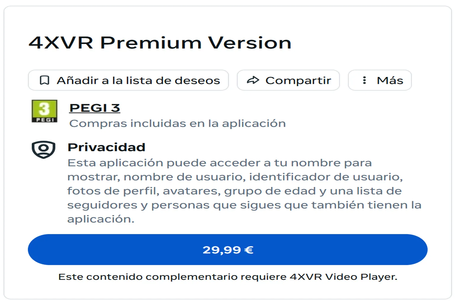 Página de 4XVR Premium Version en Meta Quest con un precio de 29,99 €