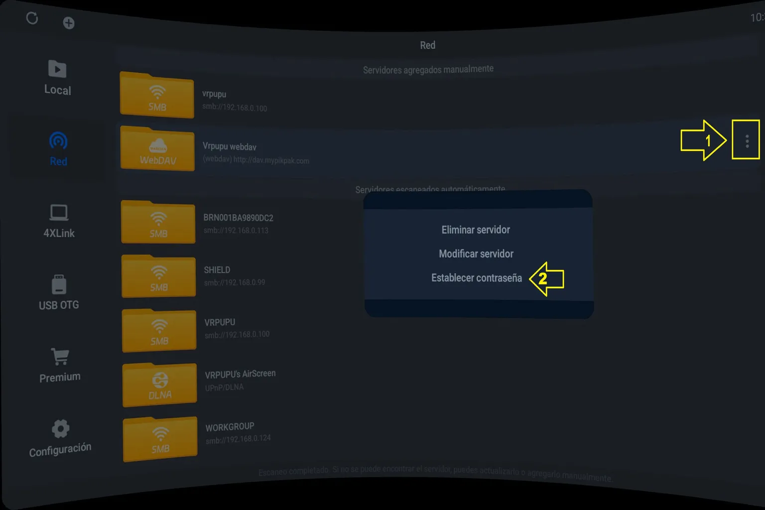 Menú de opciones de un servidor WebDAV en 4XVR para Meta Quest, con la opción de establecer una contraseña.