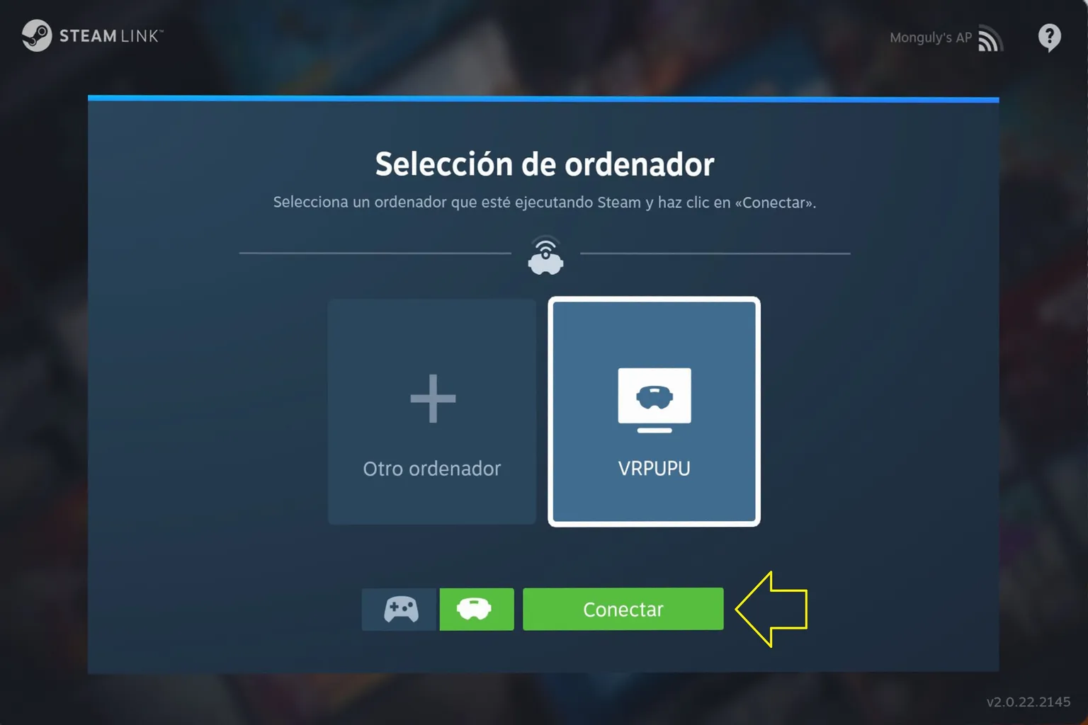 Pantalla de selección de ordenador con el equipo VRPUPU detectado y el botón Conectar señalado.