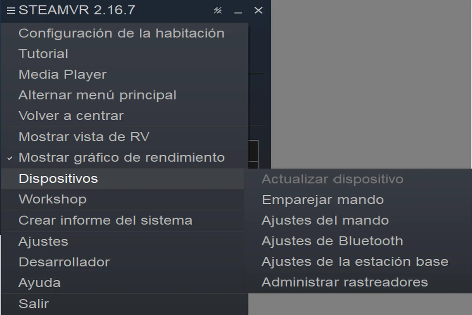 Menú Dispositivos con opciones para actualizar, emparejar y configurar mandos, Bluetooth, estaciones base y rastreadores.