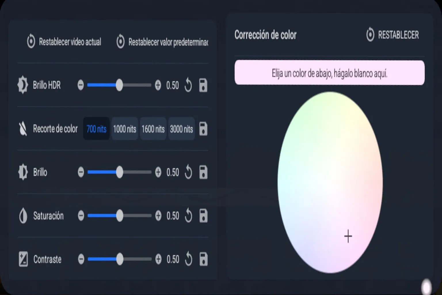 Panel de 4XVR Video Player para ajustar el brillo HDR, el recorte de color, la saturación, el contraste y la corrección de color.