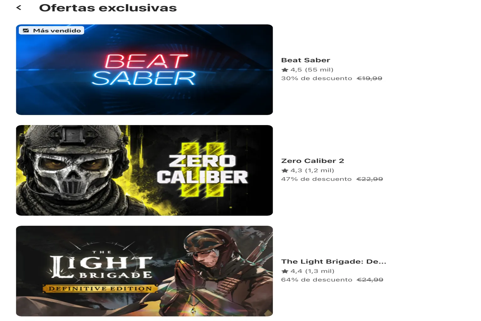 Ofertas exclusivas de Meta Horizon+ con descuentos para Beat Saber, Zero Caliber 2 y The Light Brigade.