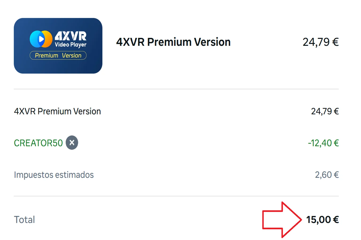 Descuento del 50 % aplicado a 4XVR Premium en Meta Quest, con un total de 15 €