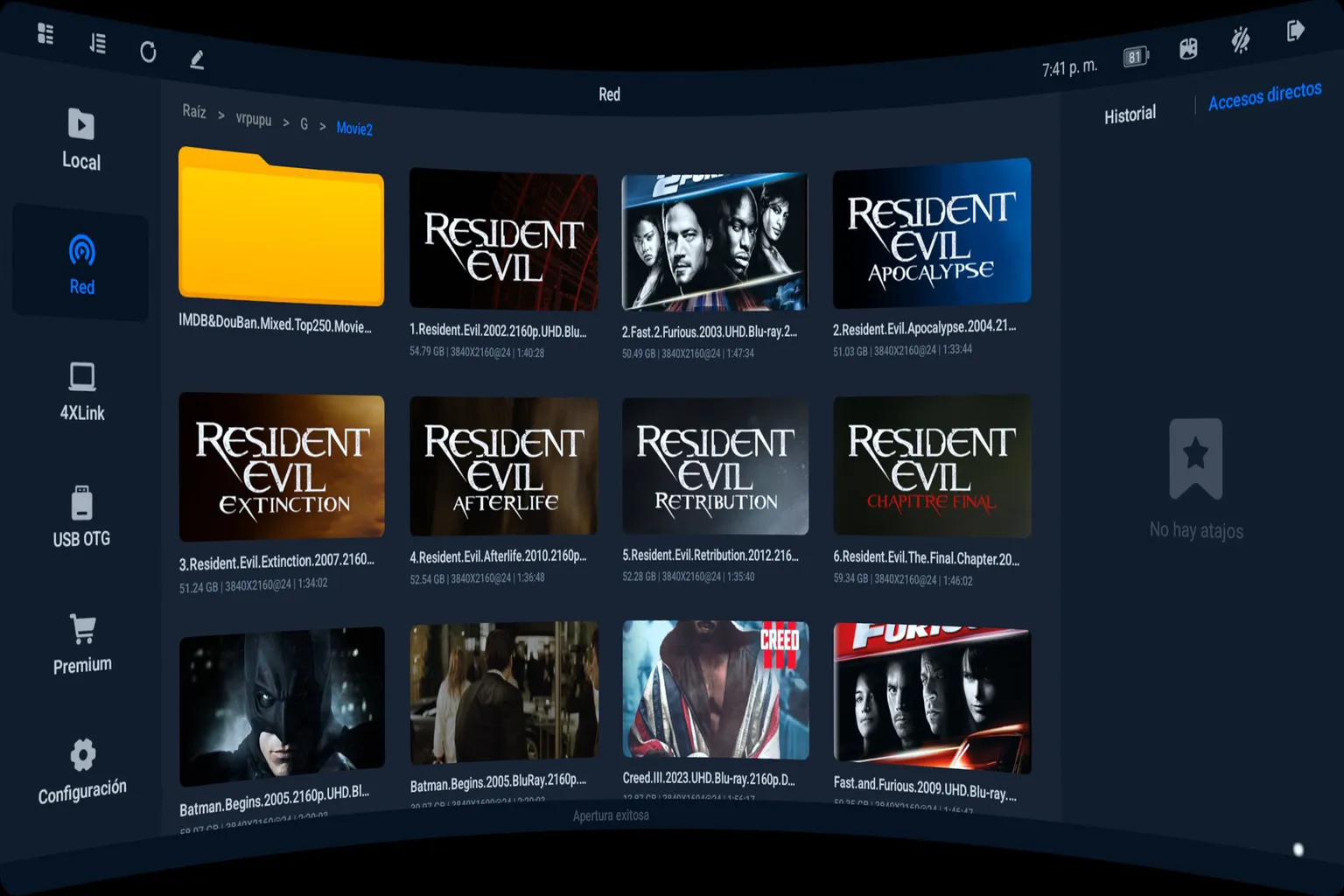 Biblioteca de películas en 4XVR para Meta Quest mostrando archivos de vídeo almacenados en un servidor de red SMB.