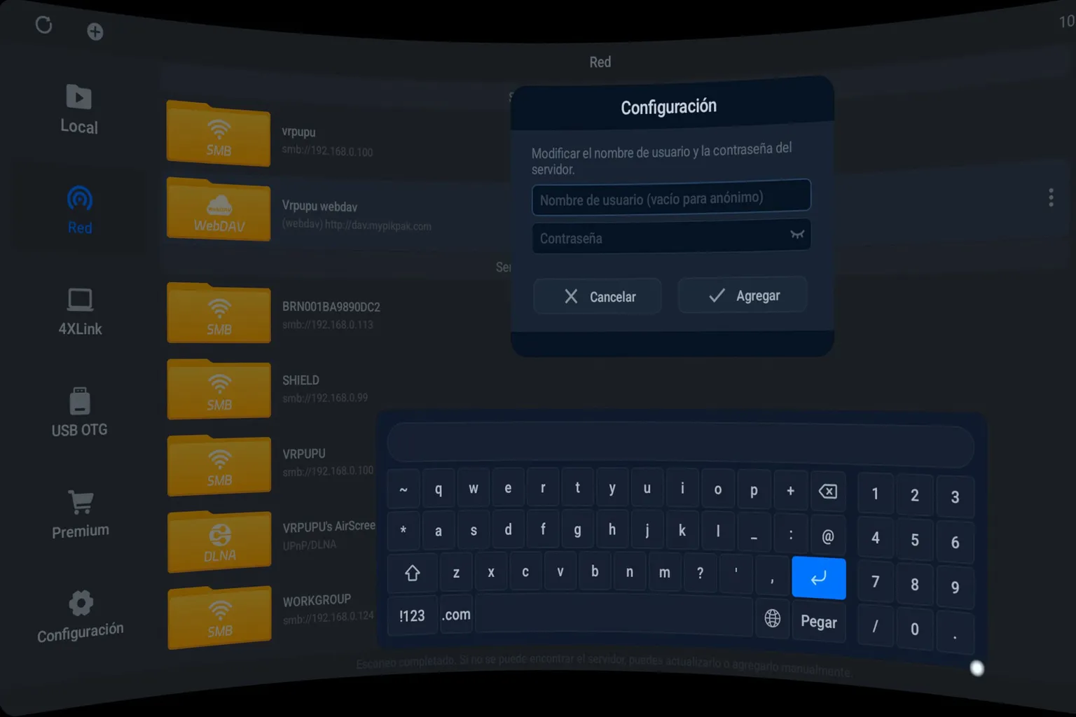 Ventana de configuración de 4XVR en Meta Quest para introducir el nombre de usuario y la contraseña de un servidor WebDAV.