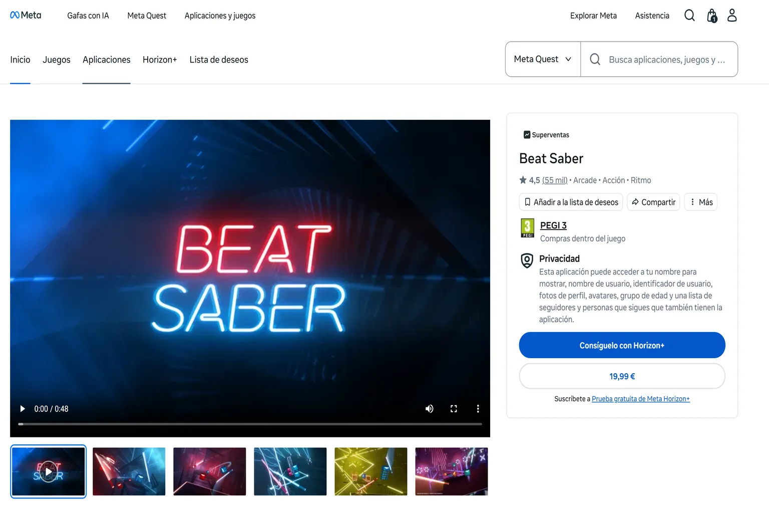 Página de Beat Saber en Meta Quest Store mostrando el precio normal de 19,99 €.