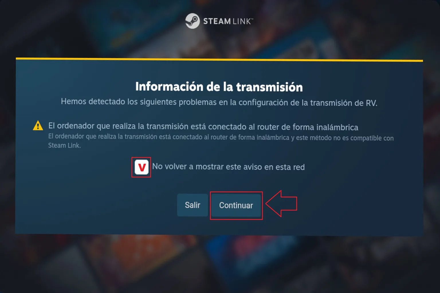 Aviso de transmisión inalámbrica indicando que el ordenador está conectado al router por Wi-Fi, con el botón Continuar señalado.