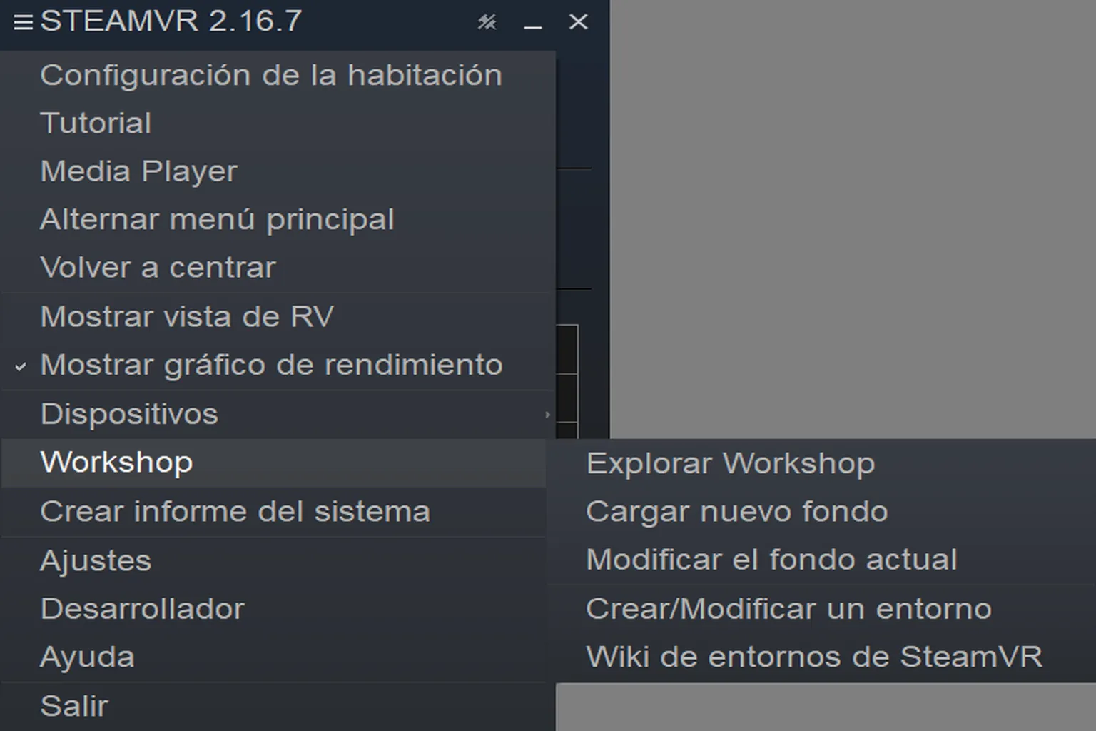 Menú Workshop con opciones para explorar contenido, cargar fondos y crear o modificar entornos.