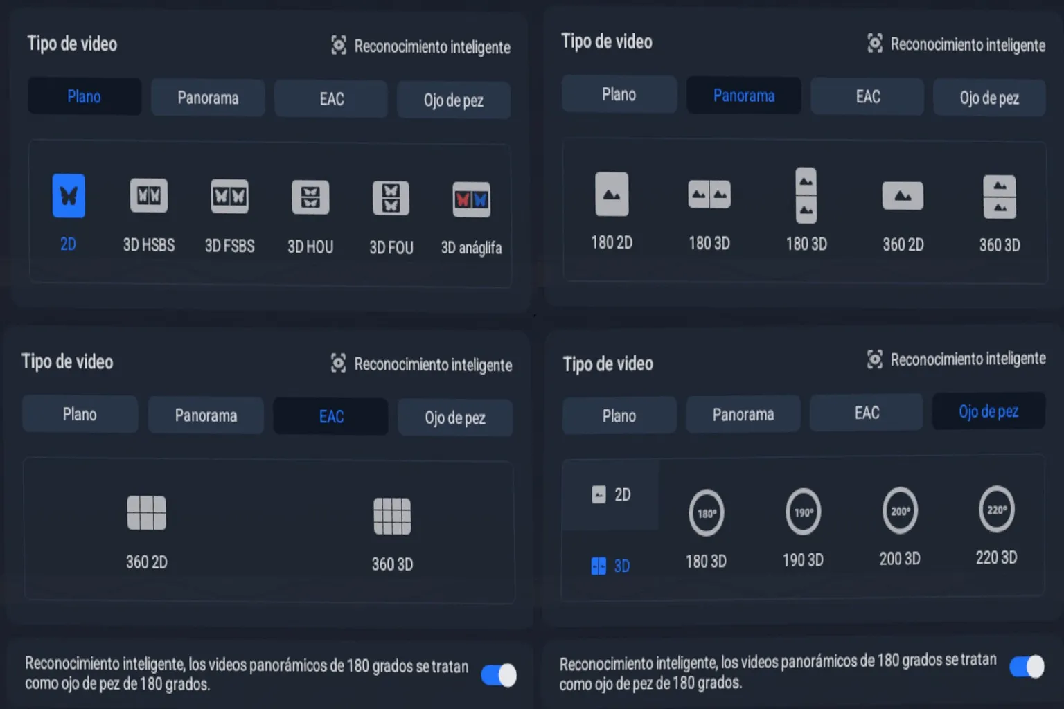 Menú de 4XVR Video Player para seleccionar formatos de vídeo plano, panorámico, EAC y ojo de pez en 2D y 3D.