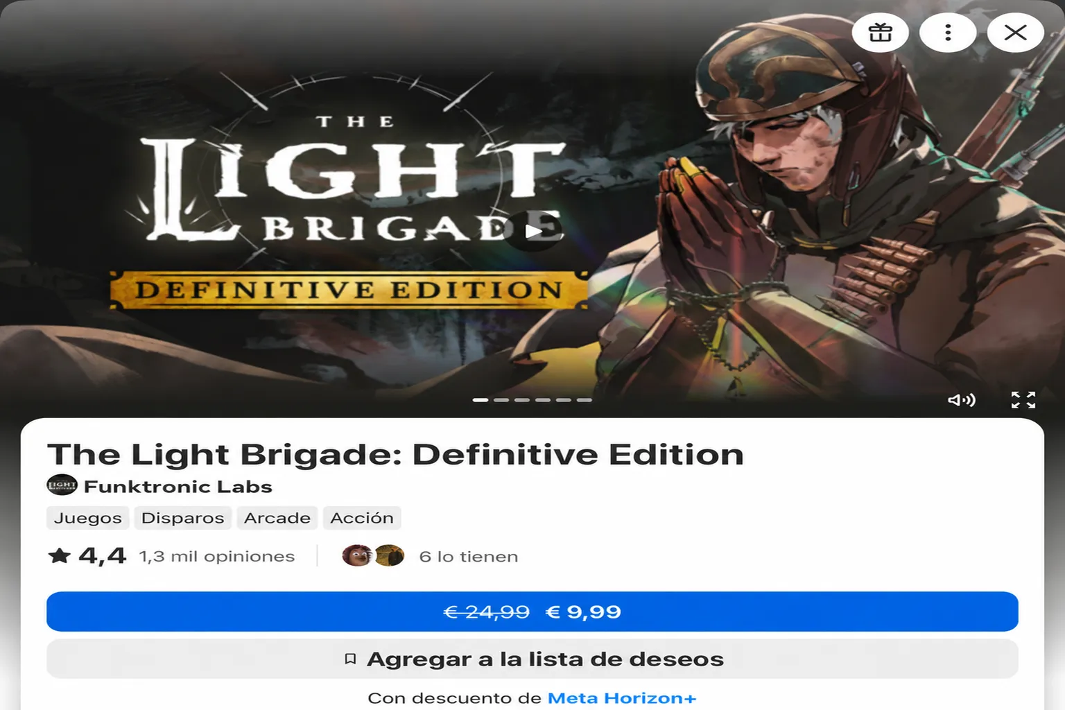 Página de The Light Brigade: Definitive Edition con precio rebajado de 24,99 € a 9,99 € mediante Meta Horizon+.
