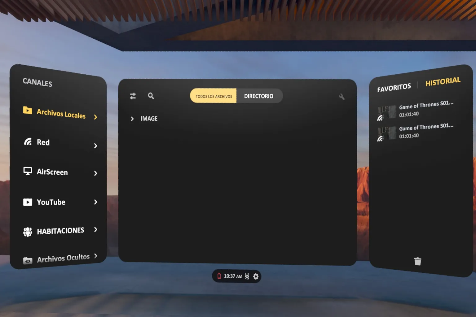 Explorador de archivos de SKYBOX VR Player con archivos locales, red y YouTube.
