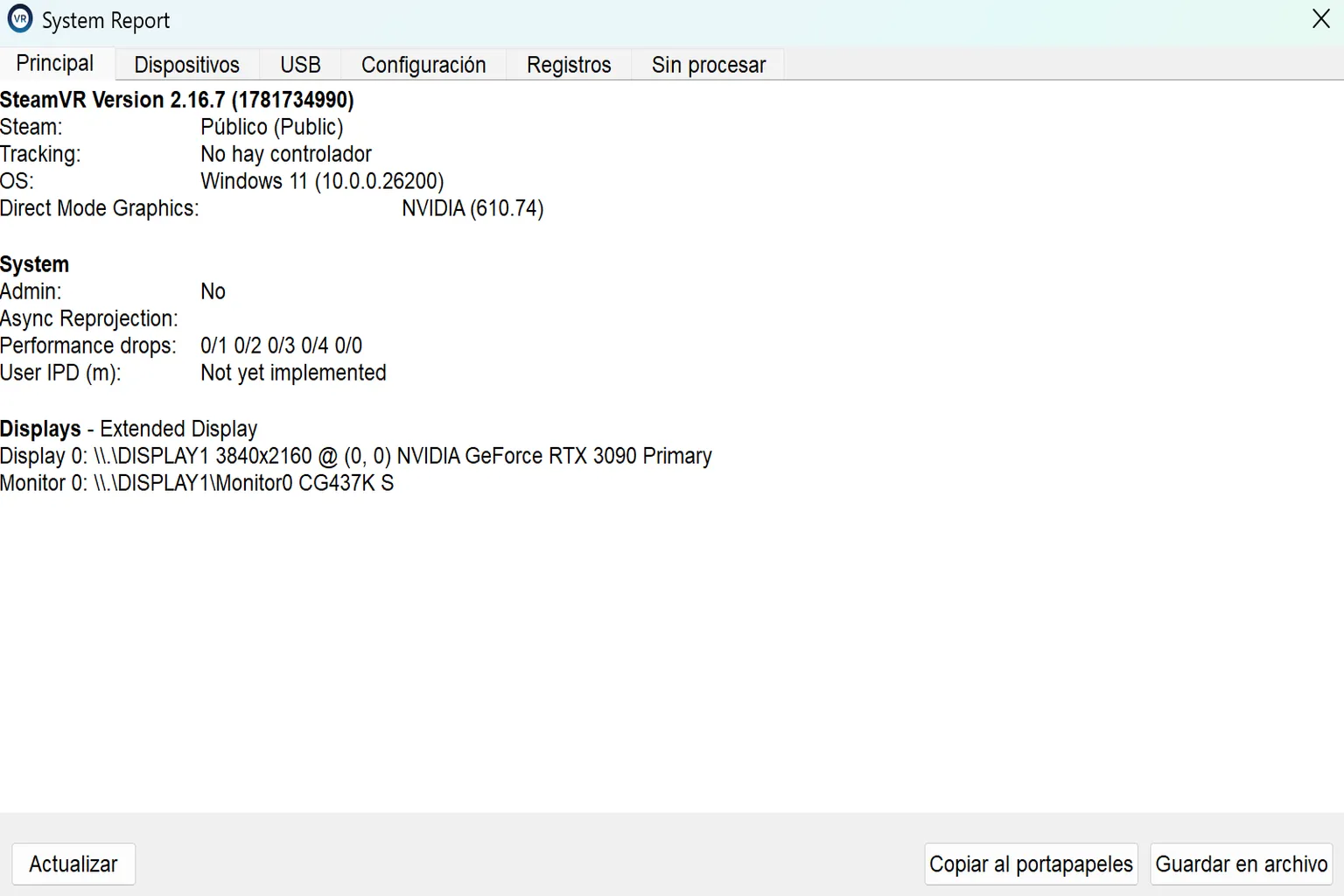 Informe del sistema con información sobre versión, Windows, tarjeta gráfica, seguimiento y pantalla conectada.