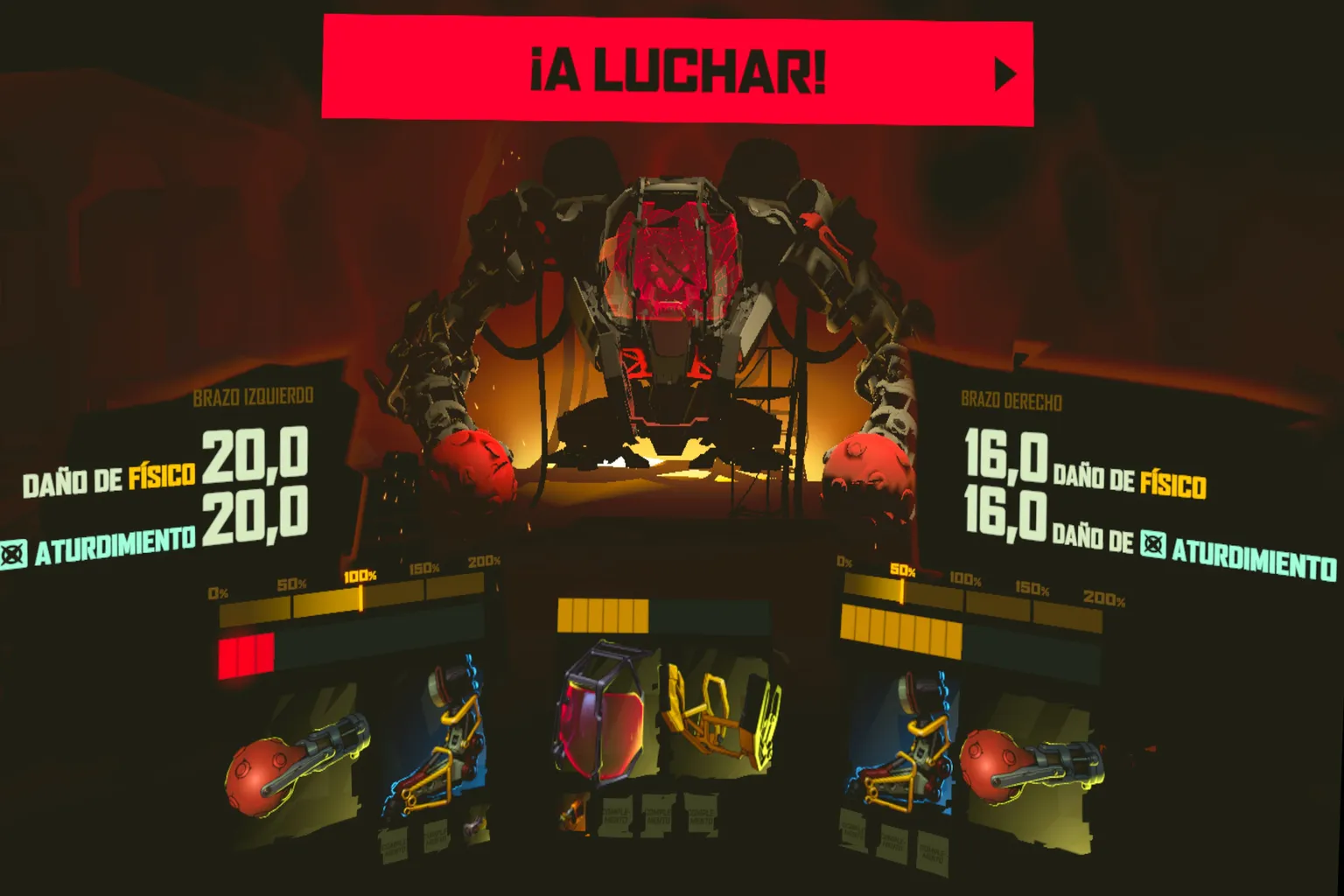 Estadísticas y equipamiento de los brazos del mecha antes del combate.