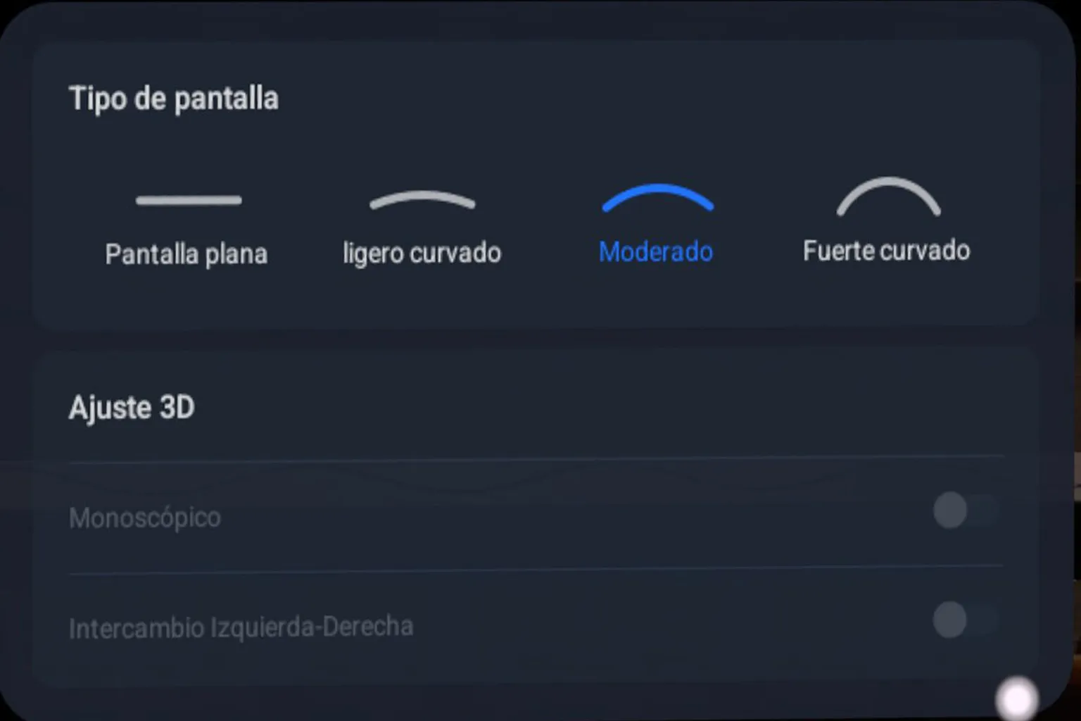 Ajustes de 4XVR Video Player para elegir entre pantalla plana y distintos niveles de curvatura de pantalla.