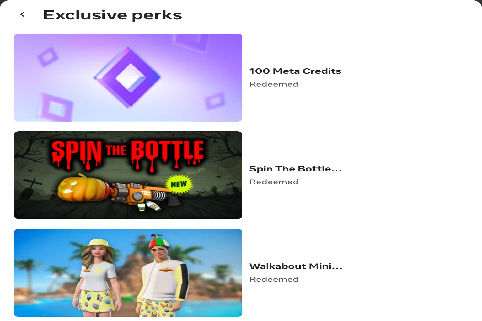 Sección de beneficios exclusivos de Meta Horizon+ con 100 Meta Credits y recompensas para Spin The Bottle y Walkabout Mini Golf.