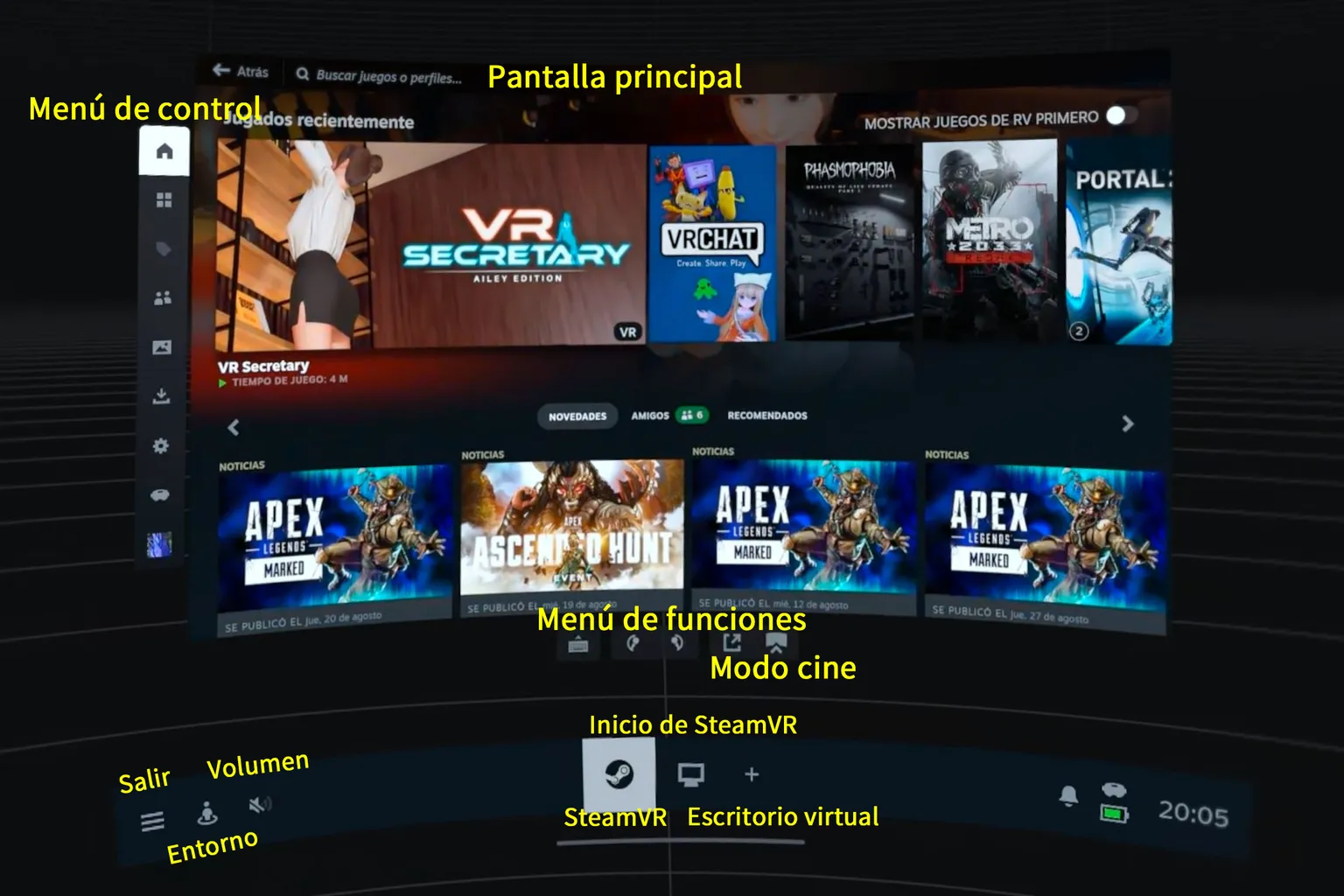 Interfaz principal de realidad virtual con accesos al menú de control, escritorio virtual, entorno, volumen y modo cine.