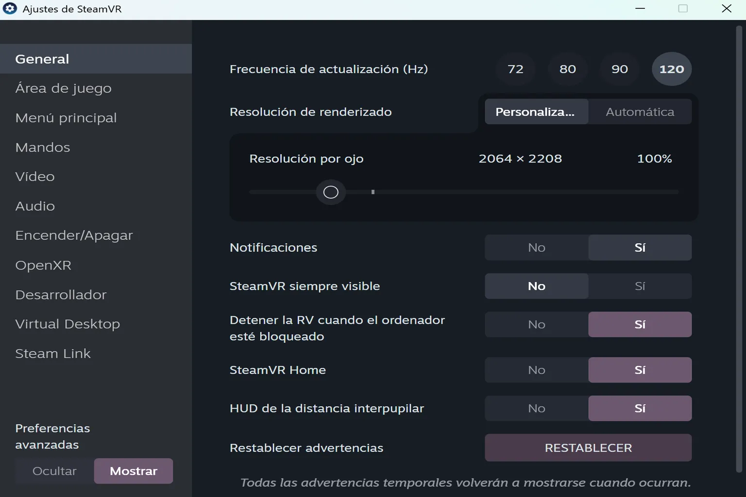 Ajustes generales con frecuencia de actualización, resolución por ojo, notificaciones y opciones de realidad virtual.