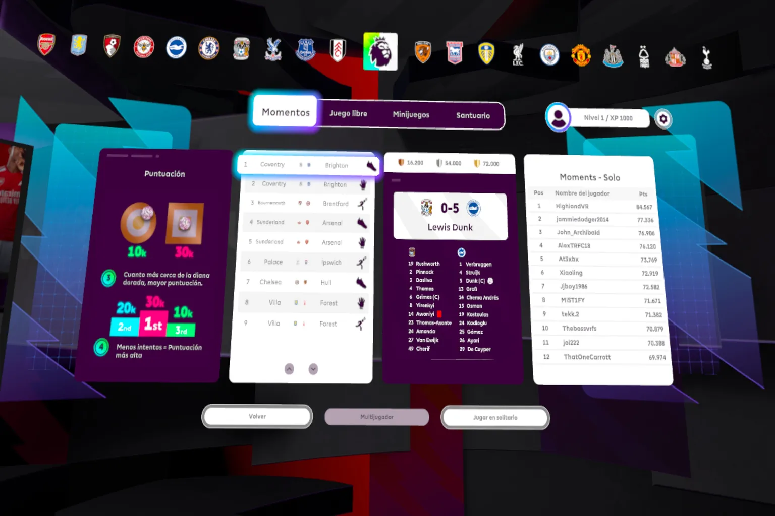Menú principal de Premier League Player con Momentos, partidos y clasificación