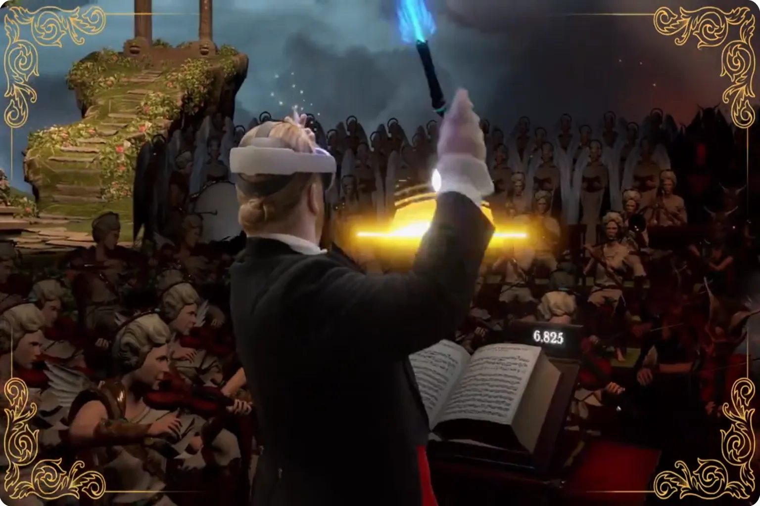 Escena intensa de Maestro VR con el director levantando la batuta frente a una gran orquesta y coro.