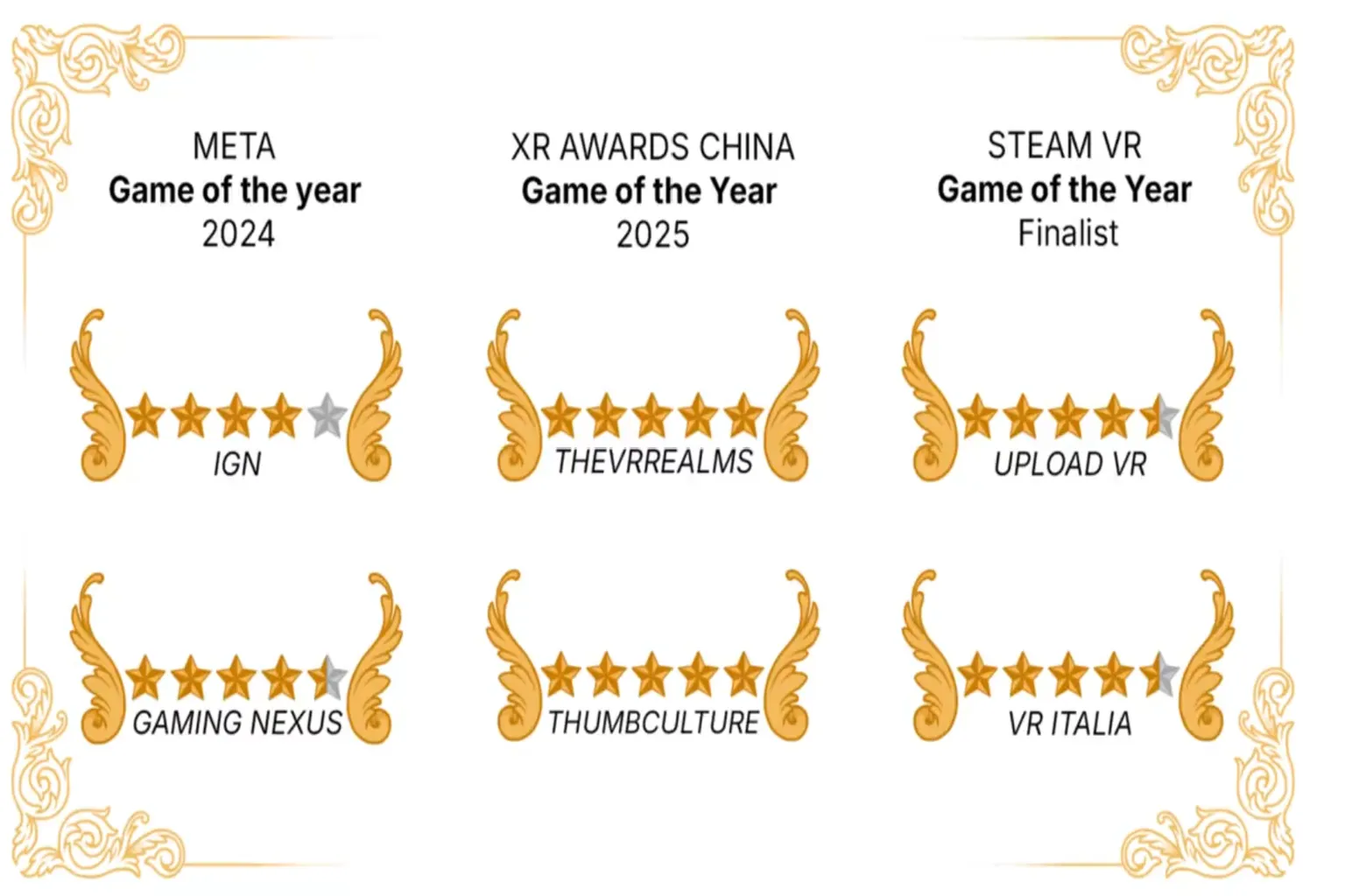 Premios y valoraciones de Maestro VR, incluido Meta Game of the Year 2024 y XR Awards China Game of the Year 2025.