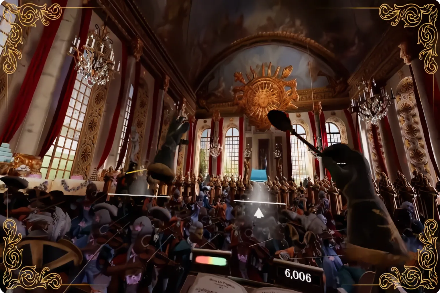 Gran actuación de orquesta en Maestro VR dentro de un elegante salón, con músicos siguiendo al director.
