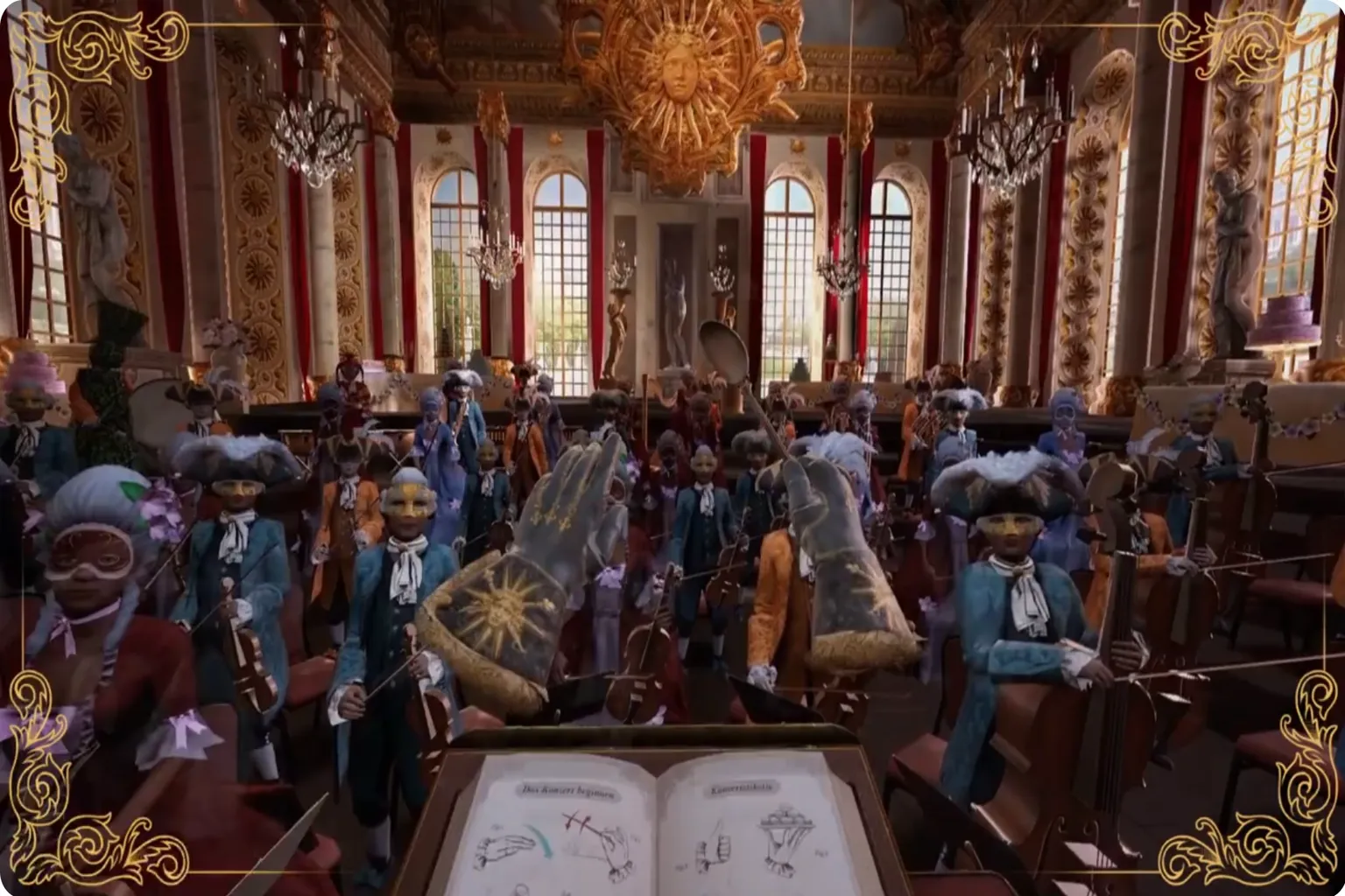 Preparativos antes de dirigir una orquesta en Maestro VR, con músicos reunidos en un gran salón.