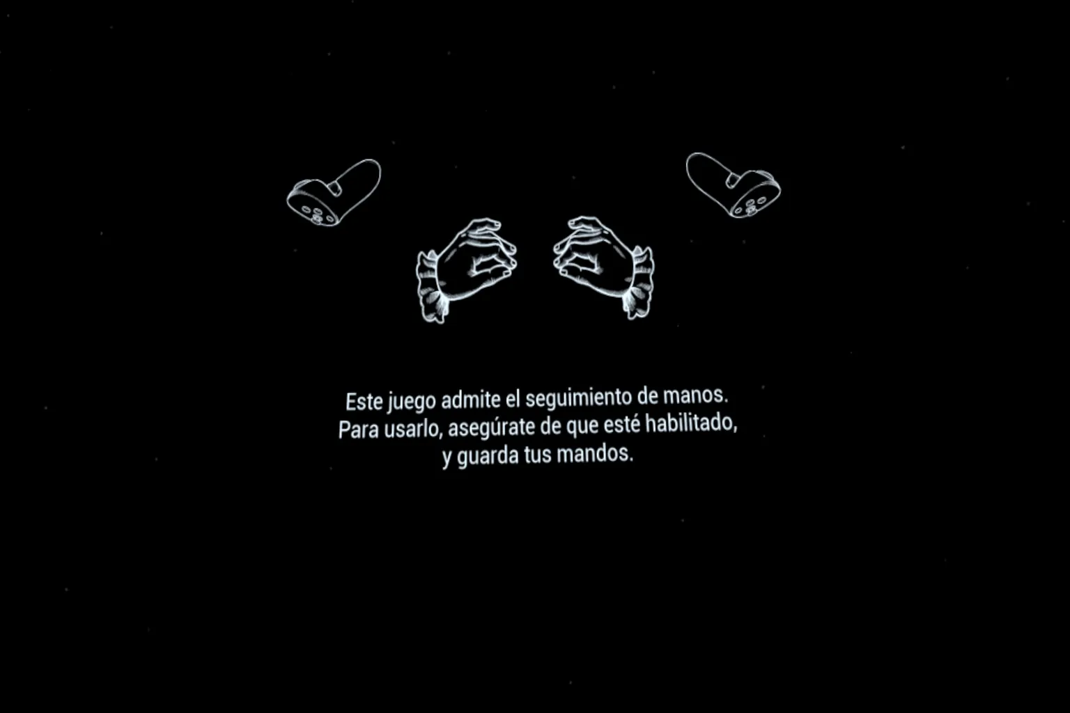 Pantalla de Maestro VR que indica cómo activar el seguimiento de manos y guardar los mandos.