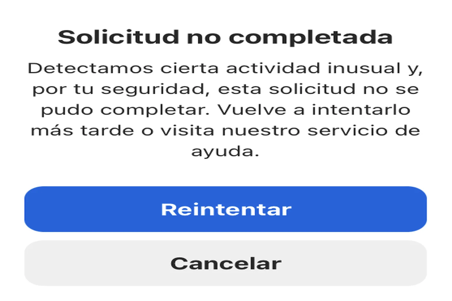 Mensaje de Meta indicando «Solicitud no completada» tras detectar actividad inusual durante una compra.