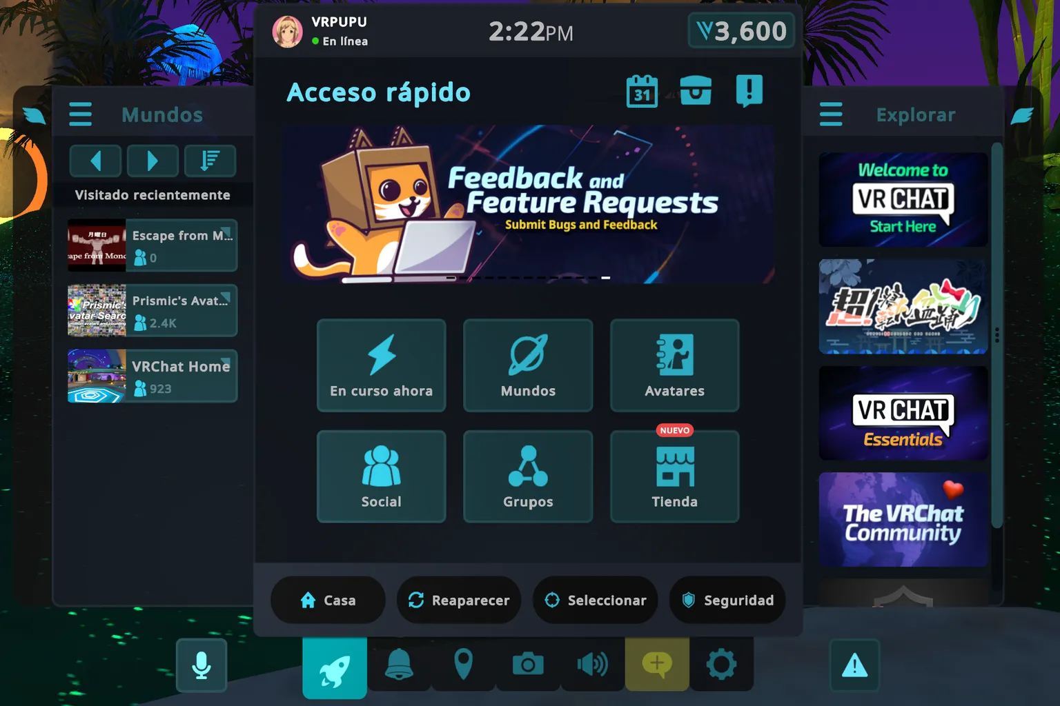 Menú principal de acceso rápido de VRChat con accesos a mundos, avatares, funciones sociales, grupos y tienda.
