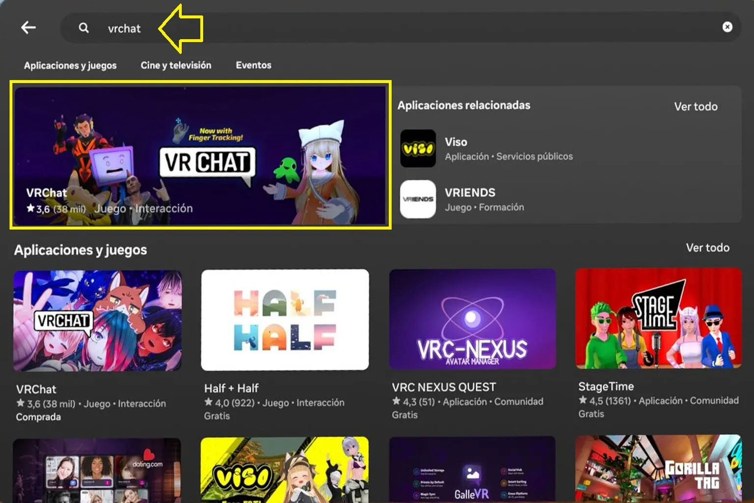 Búsqueda de VRChat en la tienda de Meta Quest, con la aplicación resaltada entre los resultados.