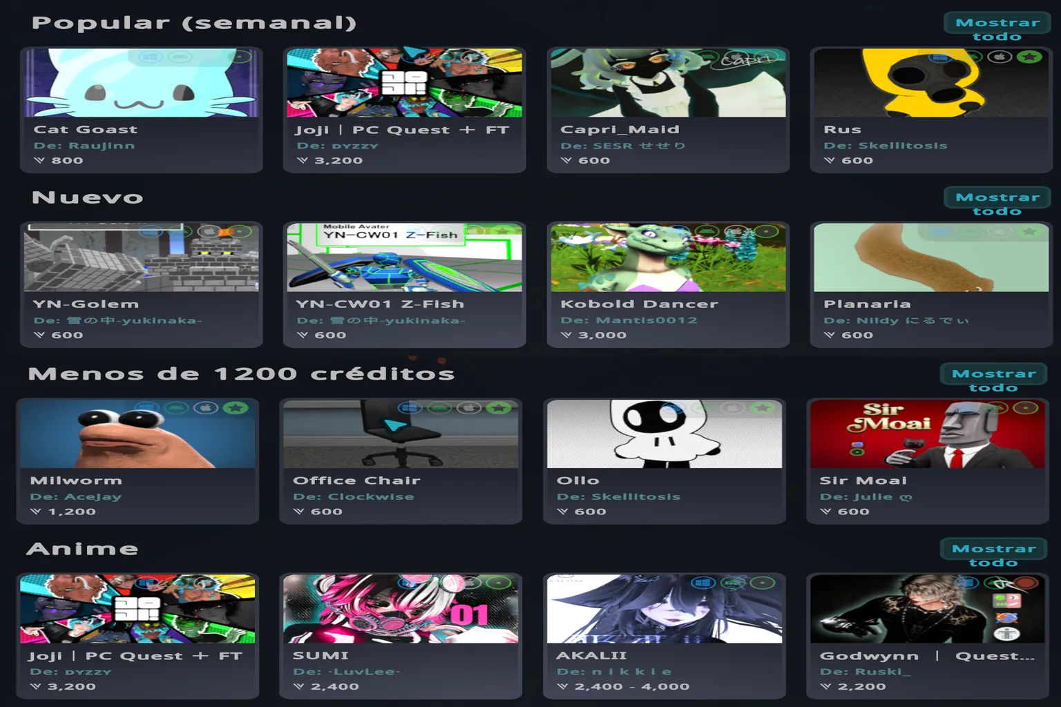Lista de avatares de pago de VRChat organizada por categorías como popular, nuevos, anime y avatares de menos de 1200 créditos.