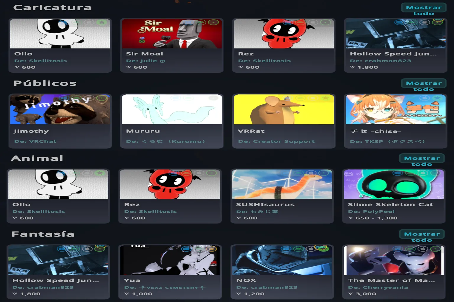 Lista de avatares públicos de VRChat con categorías de caricatura, animal y fantasía.