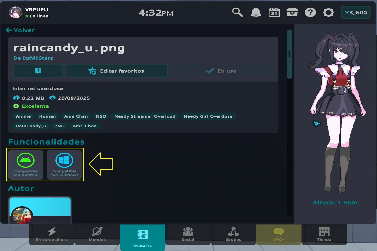 Página de detalles del avatar raincandy_u.png en VRChat con etiquetas, compatibilidad y vista previa del personaje.