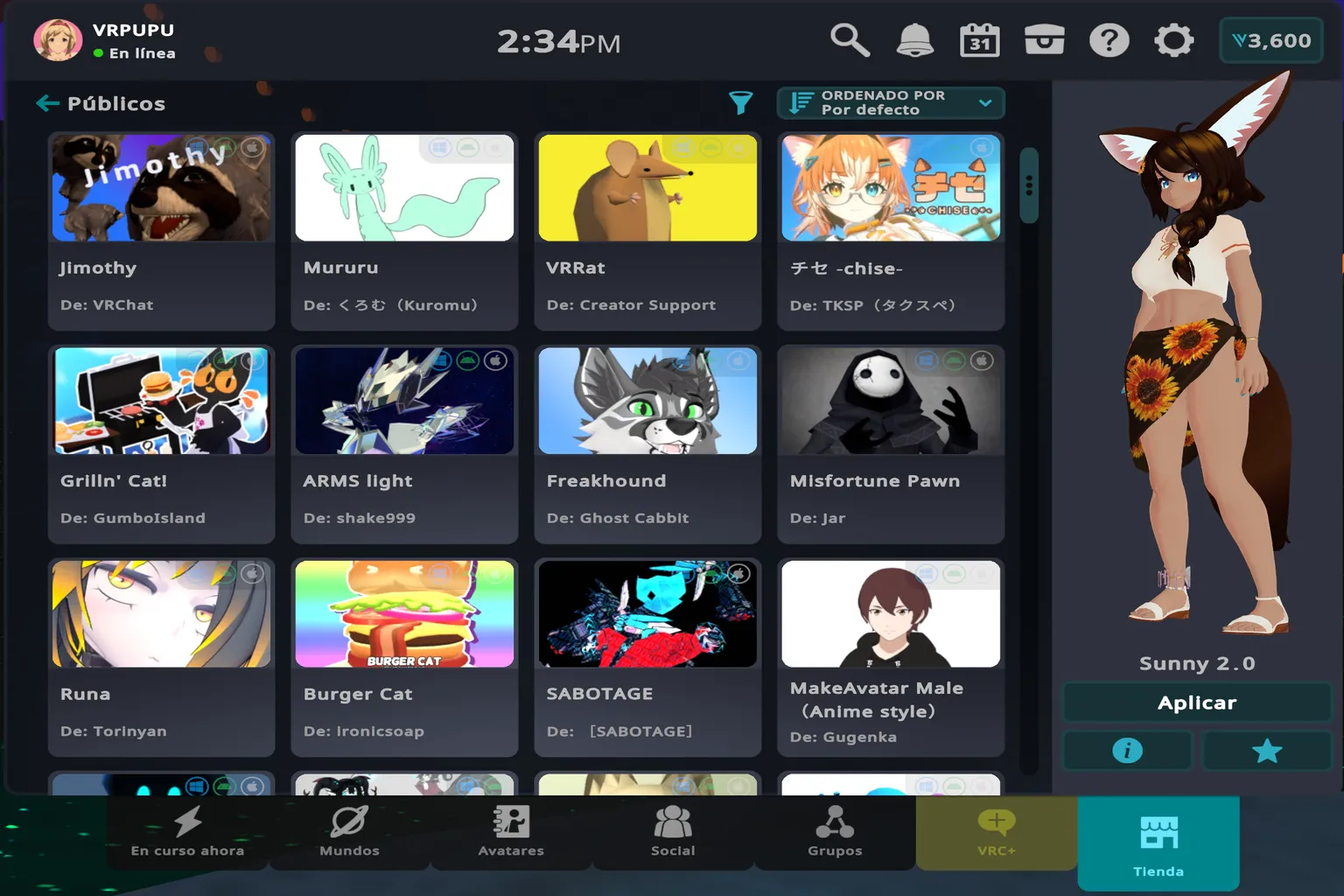 Selección de avatares públicos de VRChat con una vista previa del avatar Sunny 2.0 y el botón Aplicar.