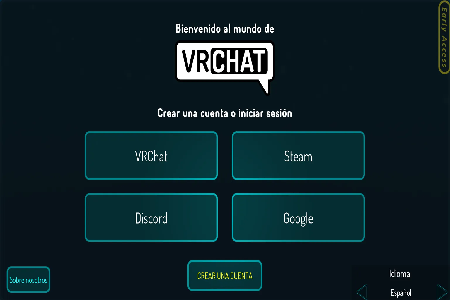 Pantalla inicial de VRChat en español con opciones para iniciar sesión mediante VRChat, Steam, Discord o Google.