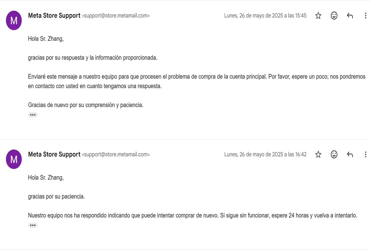 Correos de Meta Store Support indicando que el problema de compra ha sido enviado al equipo correspondiente.