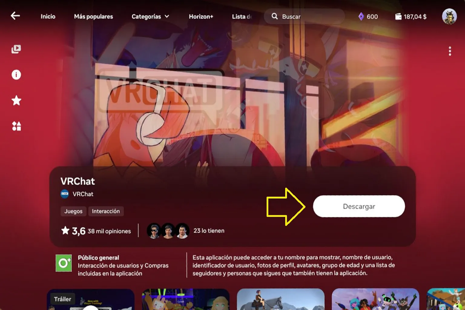 Página de VRChat en la tienda de Meta Quest con el botón Descargar resaltado.