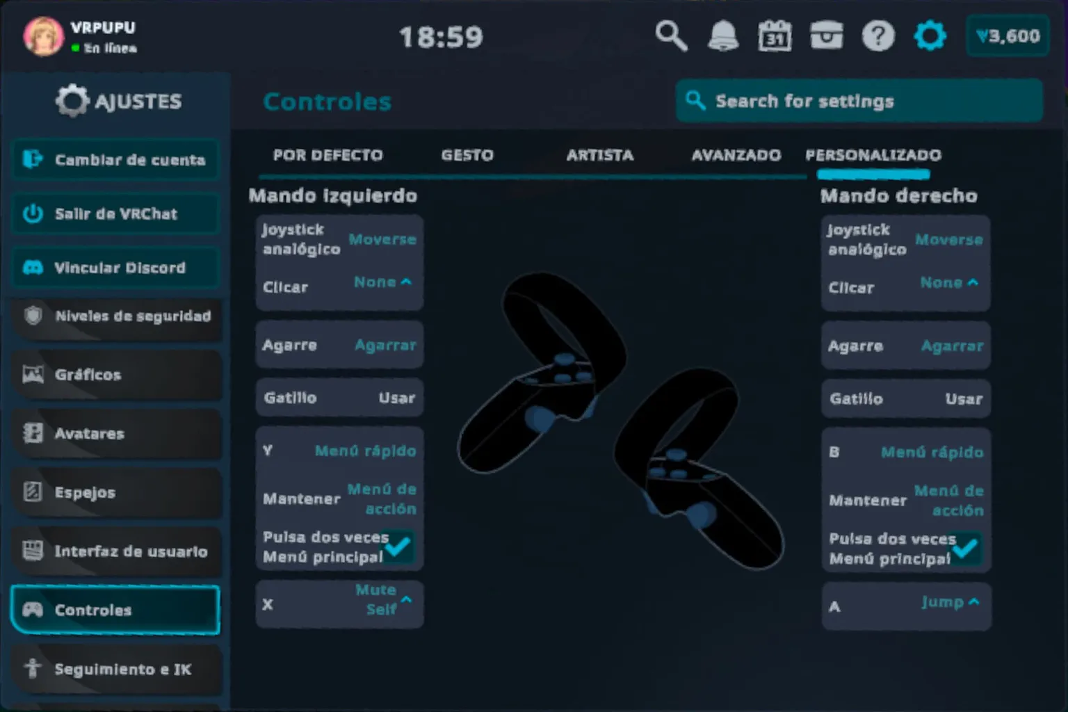 Pantalla de ajustes de controles de VRChat en Meta Quest, mostrando la asignación de botones y funciones de los mandos izquierdo y derecho.
